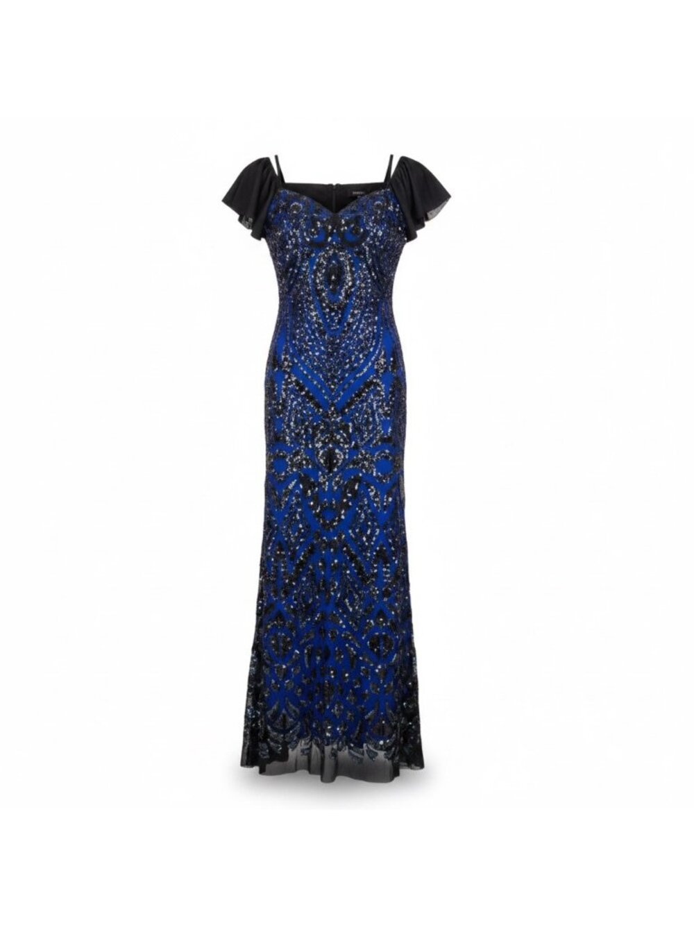 Angel Fashions Womens Black & Royal Blue Sequin Lace Gown Mermaid Dress Size L
